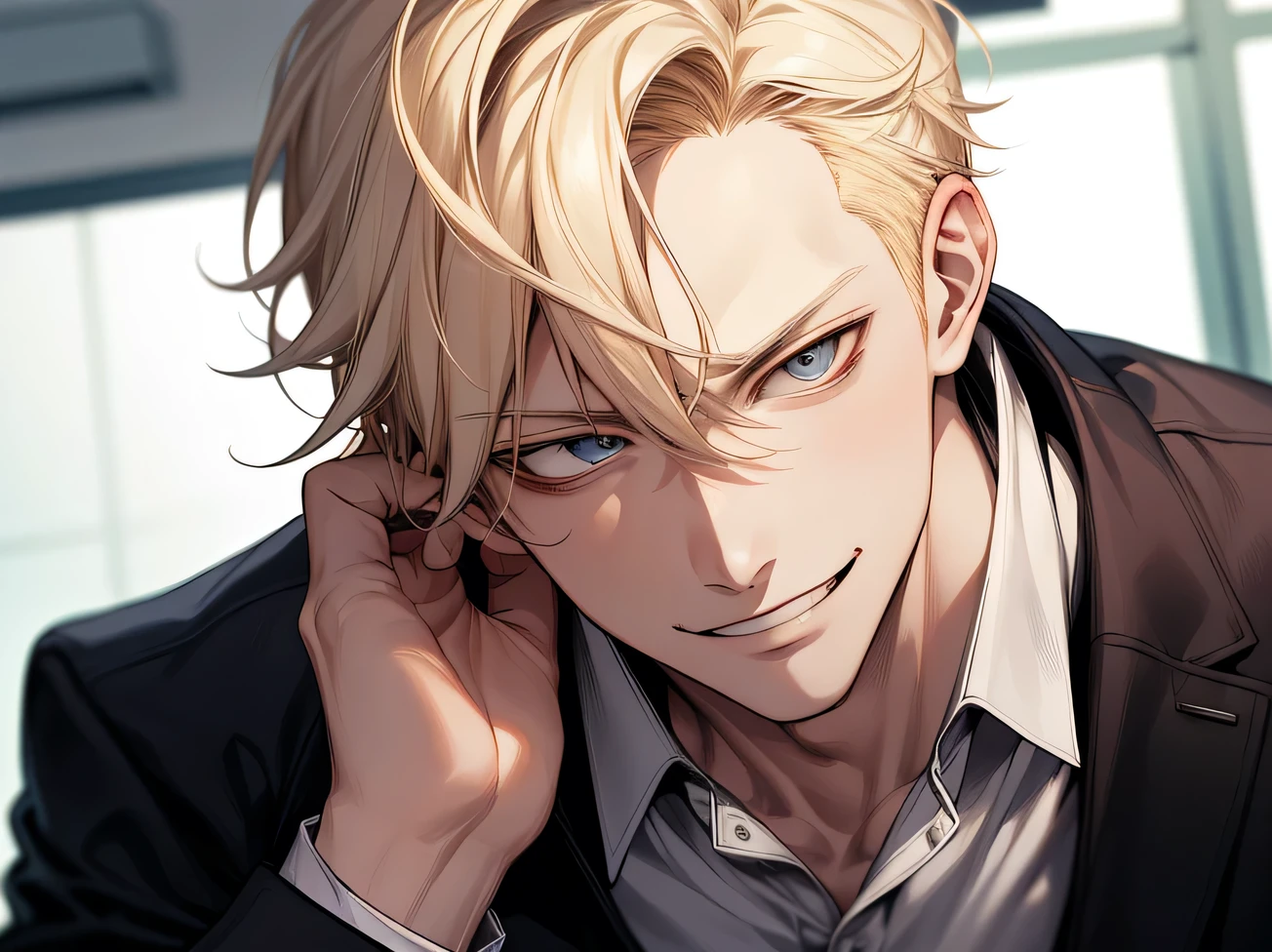 masterpiece,Upper Body,Face close-up,One male,20th Generation,Sharp focus,smirk,Blonde,top hair,Horny,gakuran,Angle from below,Background classroom