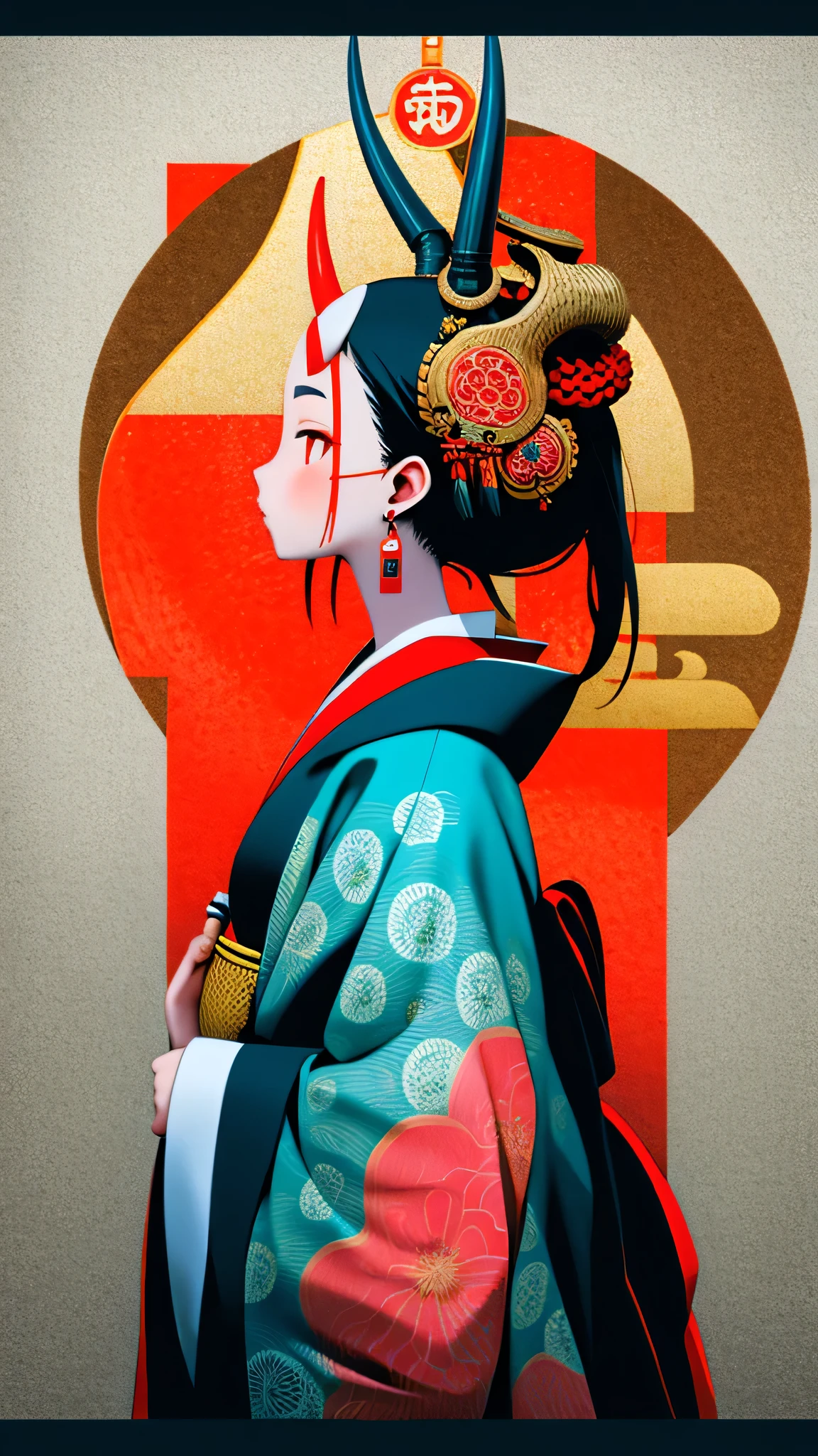 oniNFT, 1girl, solo, black hair, jewelry, earrings, mask, red eyes, japanese clothes, letterboxed, kimono, profile, mask on head, floral print, from side, horns, tassel, hair ornament  