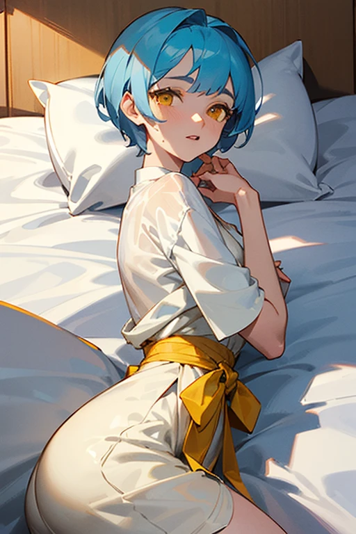 ((mejor calidad)), ((Obra maestra)), (detallado), cara perfecta, esbelta, pale skin, sky blue hair, goddess, white clothes, big , sexy, elegante, 26 years old, in bedroom, perfect quality face, short hair, greek goddess clothes, yellow eyes, linen clothing, sexy clothes