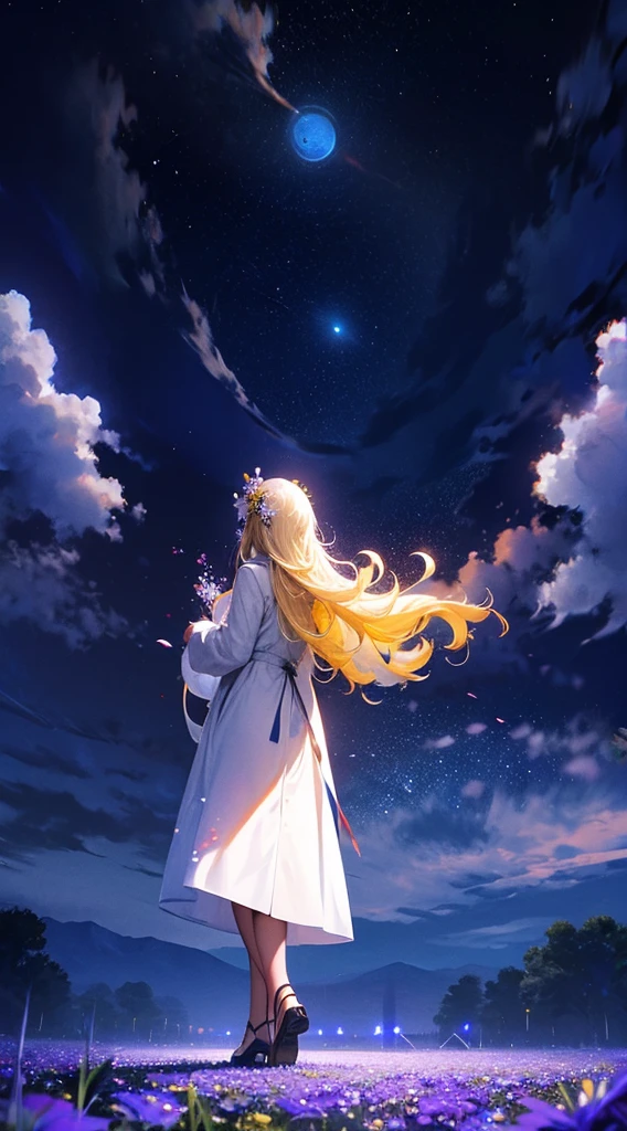 1people々々々,Blonde long-haired woman,White long coat, Dress Silhouette, Rear View,Space Sky, Flower Field,Colorful flowers