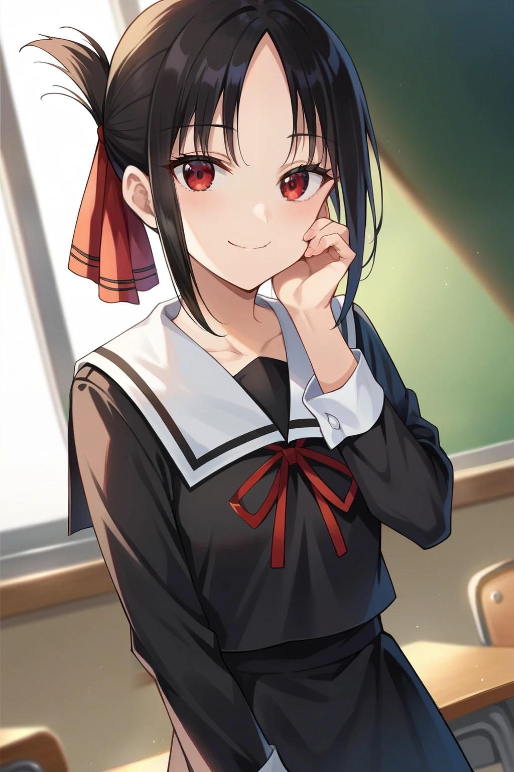 score_9, score_8_up, score_7_up, source_anime,
kaguyashinomiya, kaguya shinomiya, short hair, bangs, black hair, red eyes, hair ribbon, sidelocks, folded ponytail, parted bangs, smile,
long sleeves, dress, ribbon, , collarbone, black dress, sailor collar, white sailor collar, red ribbon, neck ribbon, shuuchiin academy ,
indoors, classroom,
looking at viewer, cowboy shot, dutch angle, hand on own cheek,