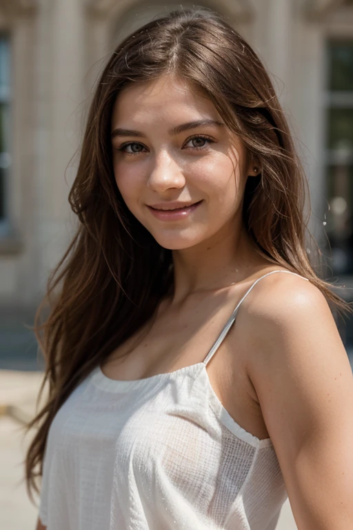 (Realistic, High resolution:1.2, Ultra-detailed), une jeune fille de 21 ans aux cheveux longs et brun, beautifully styled and flowing, naturally styled. Cette fille a un sourire radieux et expressif, des yeux marron qui captivent l'attention du spectateur. Ses yeux sont fascinants et pleins de vie, avec des cils longs et épais qui mettent en valeur leur beauté. back view, regardant la caméra par-dessus ses épaules, et faisant du sport
