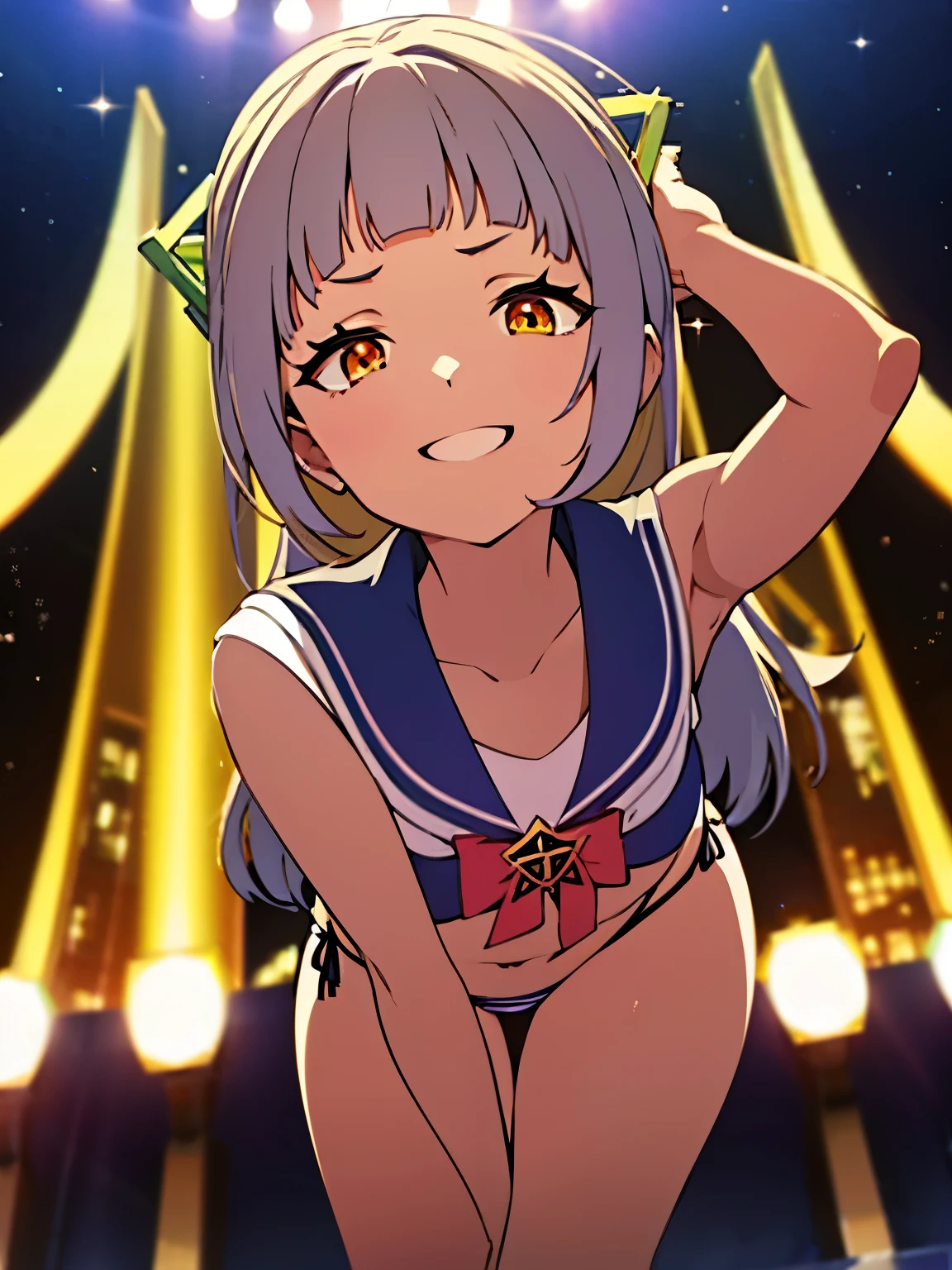 smile、sailor bikini、idol pose、stage、orange lighting