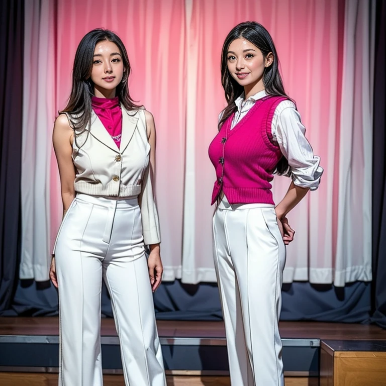 (highest quality、4k、8k、High resolution、masterpiece:1.2)、Super detailed、(Real、Photorealistic、Photorealistic:1.37)、Portrait、Colorful lighting、comedian、smile、conversation、Stand microphone、Two girls in completely different outfits:1.4、(Navy Suit、1 girl with red tie:1.37)、(White shirt、Pink knitted vest、Another girl in white slacks:1.37)、(Two girls standing on a small stage)