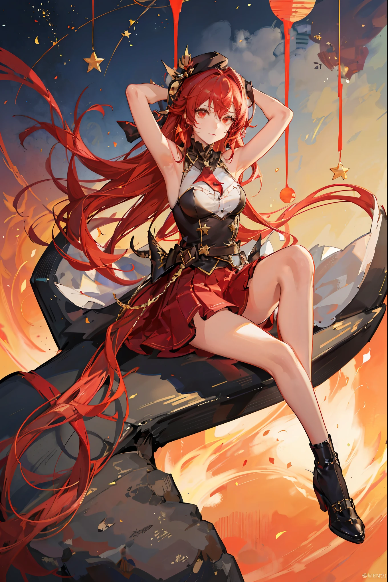 "anime girl, 1 person, dark red hair, shoulder length hair, dark red eyes, wearing a small hat, small hat, red hat with yellow trim,"((has a red star shaped energy circle on the back of her head))", wearing a shirt Female with close-fitting eyelashes, uniform shirt, dark red skirt, big breasts, long stockings, blushing,"((raising her hand to tie her hair))", ((revealing her armpit)),sitting cross-legged, solo, looking straight, (full HD image 4K+)"