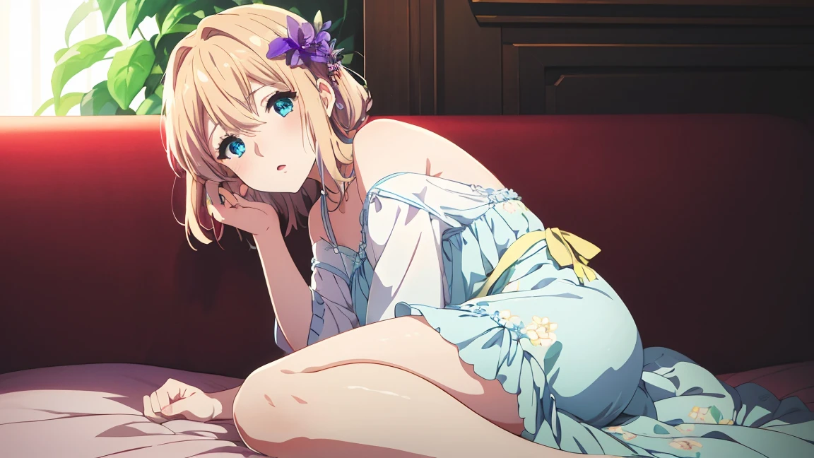 masterpiece,best quality,8k,(violet evergarden \(series\):1.2),beautiful eyes,stockings,blue ice dress,nightgown,on_side,(1girl:1.2),violet evergarden,flower pattern,

