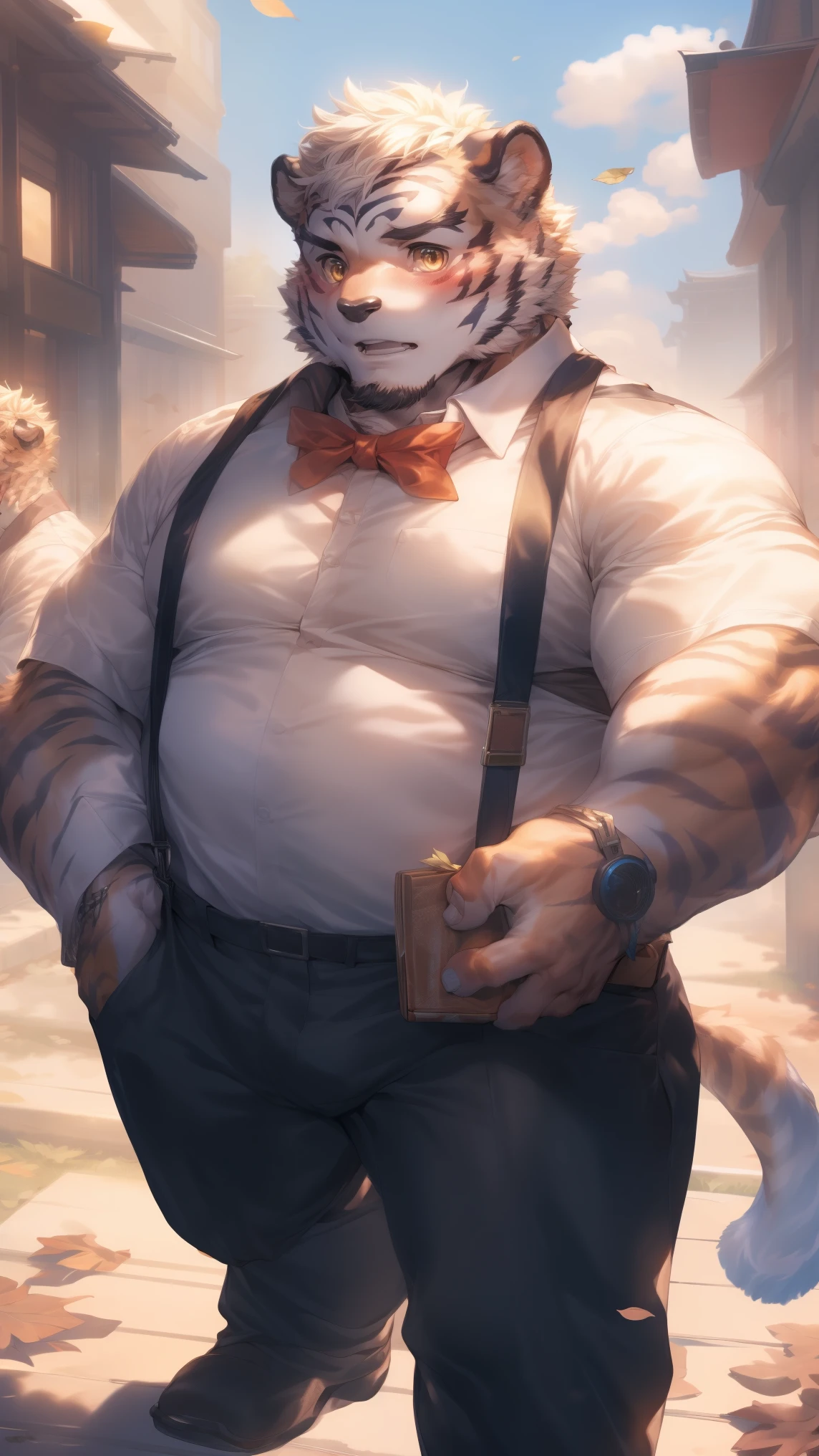 (through empty ghost, From thebigslick, through dark gems, Will chase), Keyuan Tower (Onmyoji Daisenji Temple), High quality photos, Perfect anatomical structure, Anthropomorphic white tiger, Men, 26 years old, thick eyebrows, (short hair:1.5), Light brown stripes, tall, White shirt, Red bow tie, Blue suspenders, Small bump, Holding a gift box, Standing on the street, The leaves fell on his shoulders，Shy expression, blush, Golden pupils, Looking at the audience, Clear facial features, strong, Solitary, solo, Front view, Full body image, On the streets of the city，Roadside bench, Correct gestures