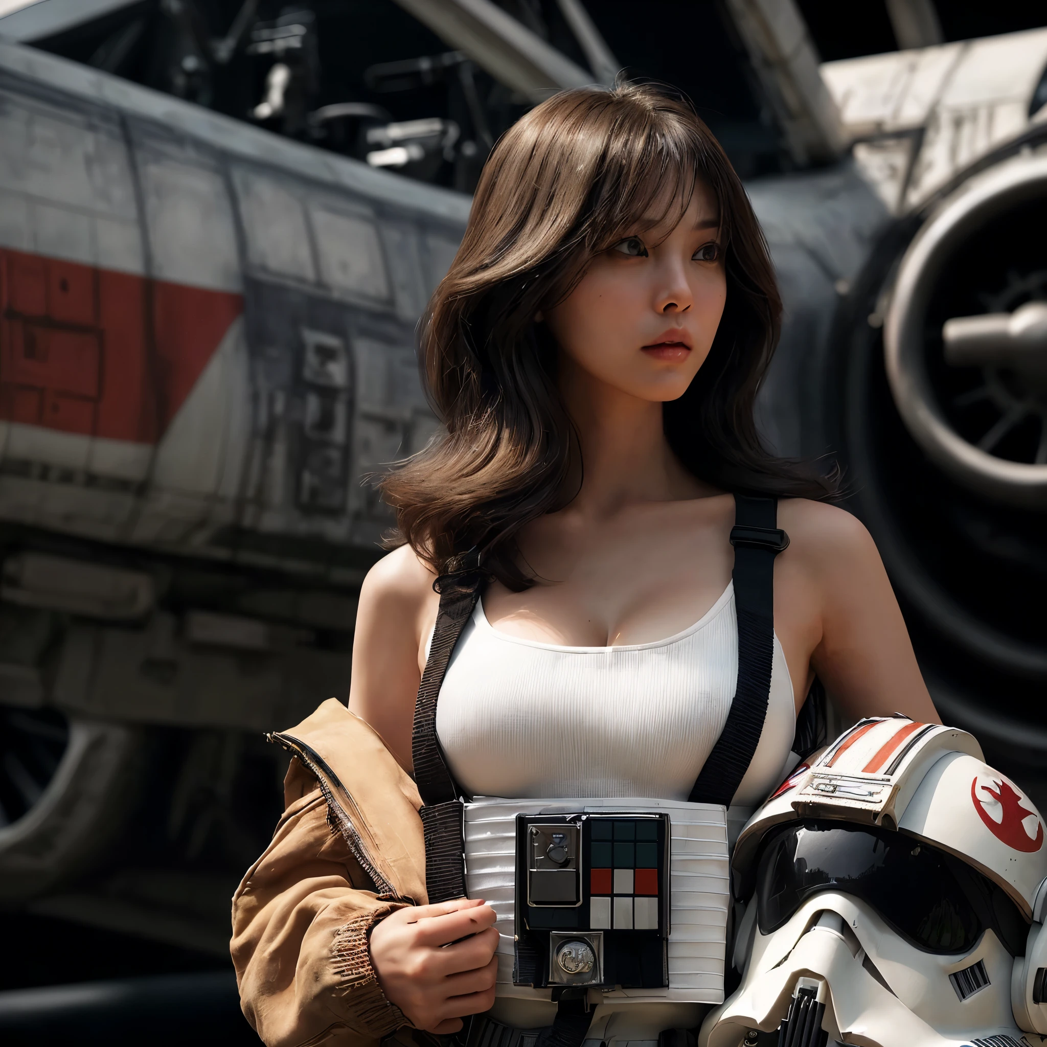 ((very sharp photo result & detailed face)) (((textile shading))), (((Best Quality))), (((masterpiece))), (((hyper realistic photo))) movie scene, cinematic movie, backlight dramatic shade photography, low angle full body a cool young japanese girl with long brown wavy hair wears starwars rebel alliance pilot jumpsuit, big breast with cleavage, moist fair skin white tanktop & dogtags shown inside the opened zipper, cool posing hold a pilot helmet in rebel alliance base, in front of her X-wing jet fighter, UHD 8k
