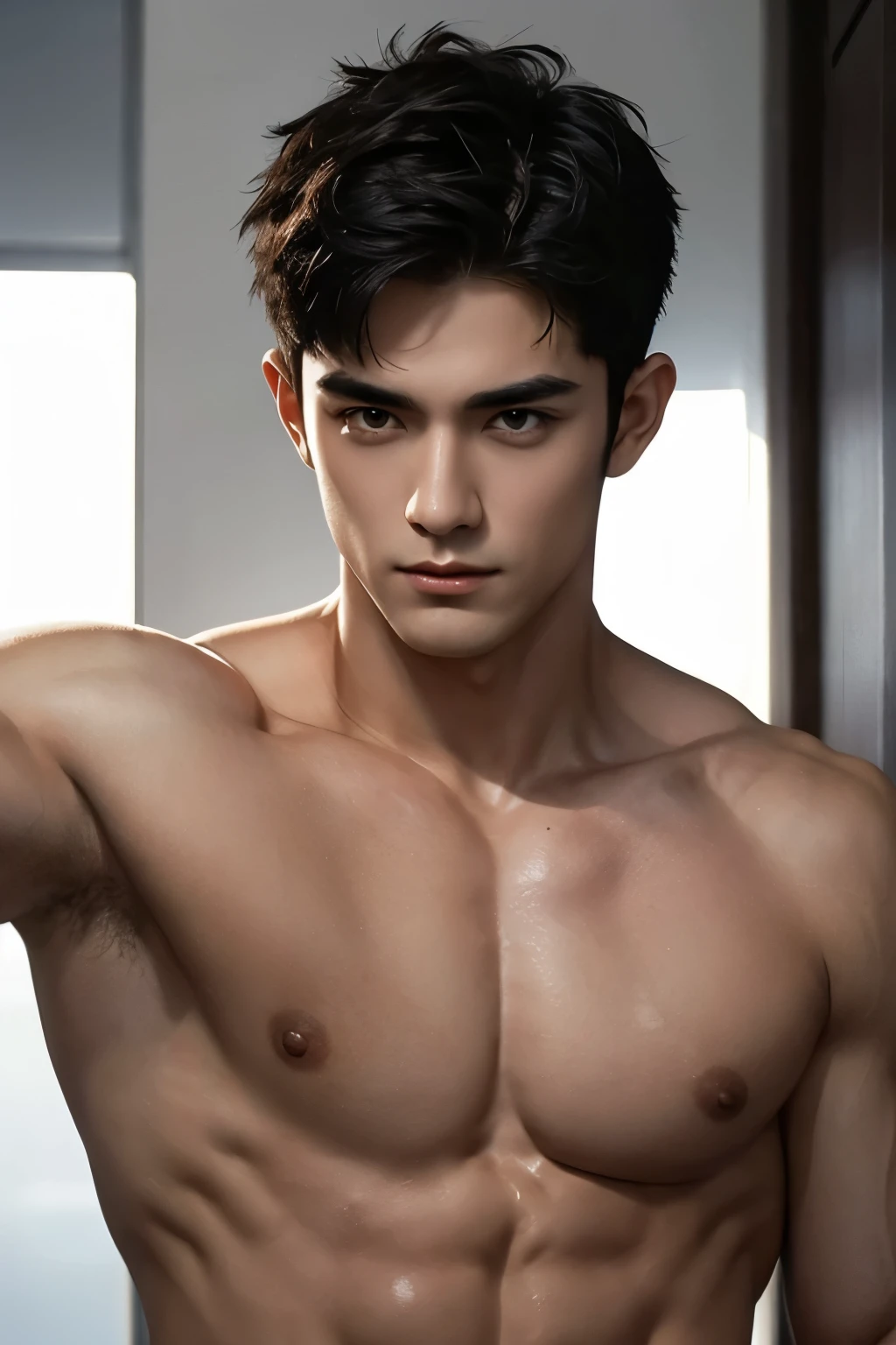 short detailed hair,Naked upper body,musculature,Black hair,serius face,Handsome boys,