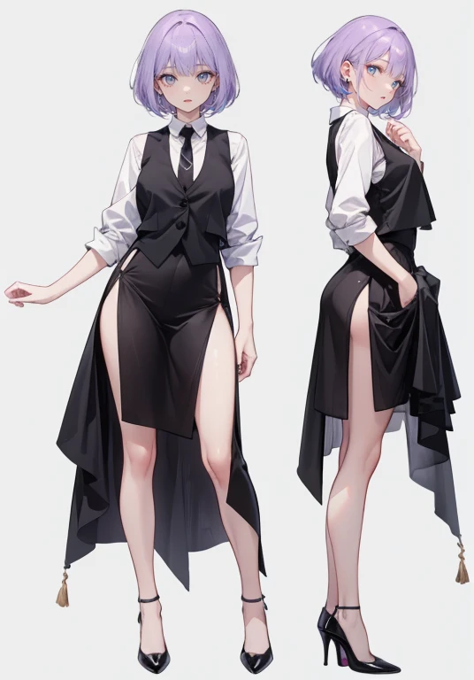 ((Perfect Face)),Purple Hair,Very short hair,1 female,,Black vest,Roll up your sleevesＹshirt,tie,slit,High heels,,((Simple Background)),smile,((Full Body)),((full body)),