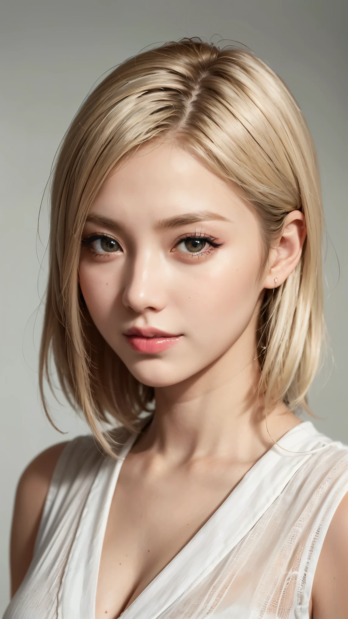 Realistic, masterpiece, highest quality, Highest Resolution, Japanese , 16 years old, Upper body photo, She narrowed her eyes.、Looking at me with a shy smile, Laughing with your mouth open, Beautiful and detailed eye drawing, (Droopy eyes:1.3), Iris, Thin eyebrows, Draw eyelashes carefully, Small teeth visible, Gal Makeup, (Blonde, Medium Hair, middle part:1.3), (Hidden eyelid wrinkles:1.3), He's wearing a neat white button-up shirt.., She is wearing a short, grey, checked pleated skirt., A was photographed diagonally from below, School classroom