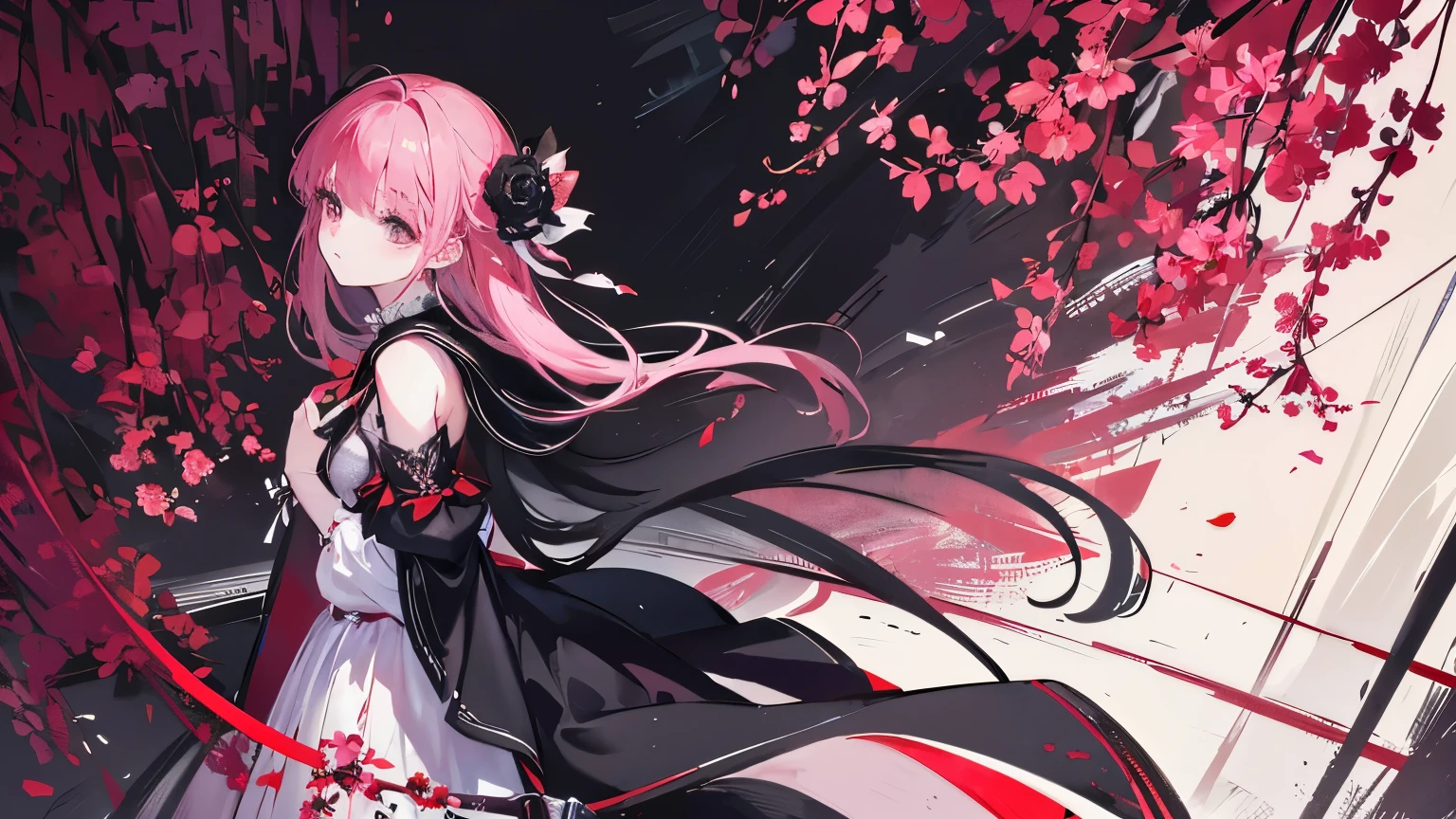 One girl,(masterpiece:1.3), (Absurd:1.2), (highest quality:1.3), (Very detailed:1.3),Please draw an illustration of a young girl, full body, bust shot, holding a knife, in a digital illustration style. The atmosphere should be reminiscent of an anime. The setting is an urban alleyway, where the girl, around 18 years old, is holding a knife. She possesses both youthful innocence and a mature demeanor. Her hand holding the knife is hanging limply, and she is looking down with sad eyes. She exudes an ephemeral, fearful, yet beautiful vibe. Despite the dark impression, there is a striking pinkish light reminiscent of blue and red. It's decadent, fleeting, and beautiful. The girl's body is facing forward, but her gaze is cast downward at an angle. Decadent and momentary, featuring elements of flowers and blood.