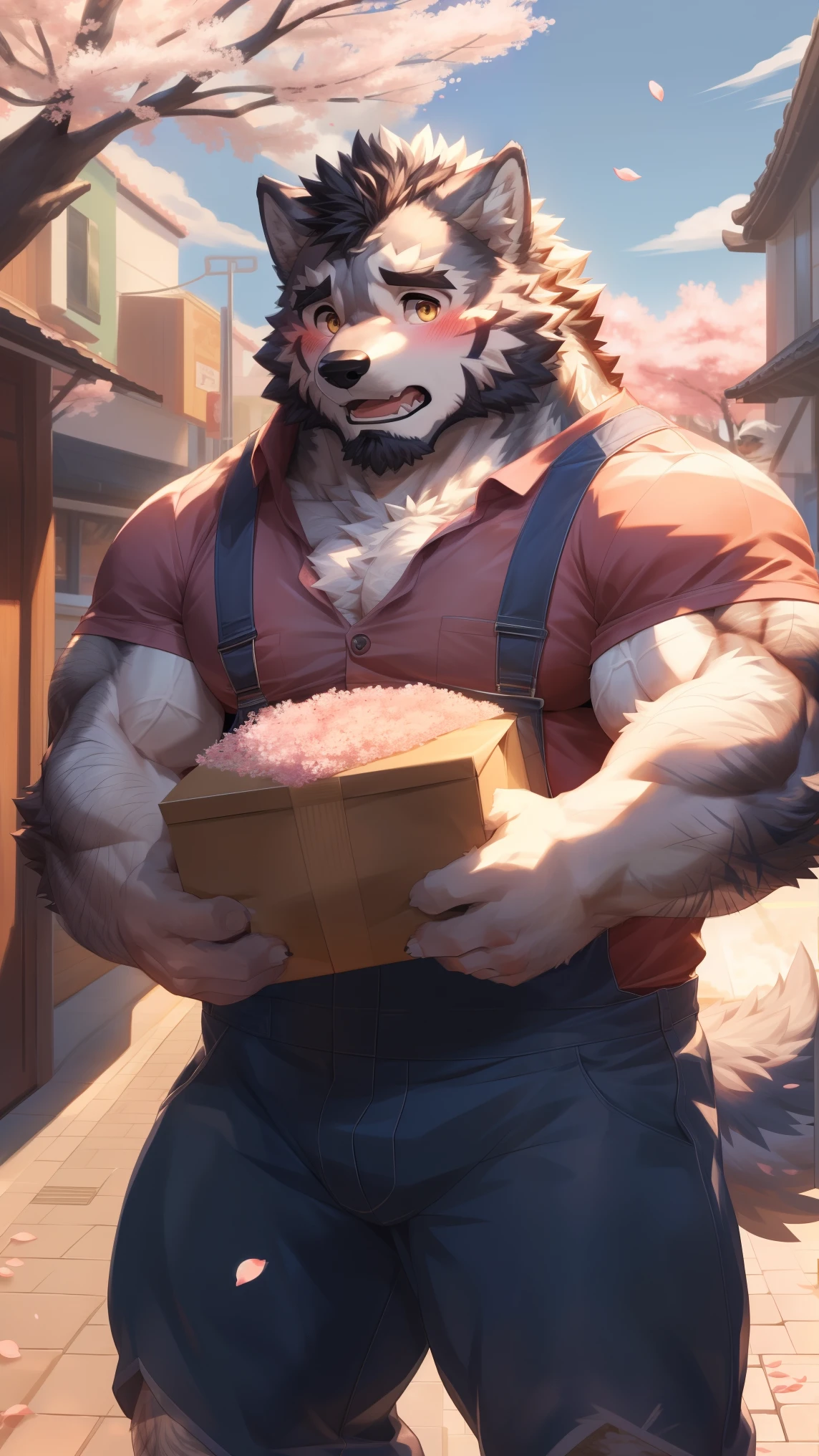 Solitary, anthropology, hairy, hairy male, Wolf, ((Fluffy fur, Fluffy, hairy body)), (Wolf印), (short beard), youth, Gray body, White belly, muscular, White, Big muscles, Golden pupils, Tail, deTailed teeth, deTailed face, Fundos,((Open it) Dark red shirt), Black overalls, Holding a box of cake, Very shy, deTailed Fluffy fur, deTailed face, Street Corner, Look at the audience, majestic, barbarous, Shy, Blushing, Strong, Cherry tree, Cherry blossom petals fall on shoulders, Front view, (through empty ghost, From wolf26, masterpiece, high quality, high resolution,8k), permanent, Close-up portraits, outdoor, Dynamic poses,