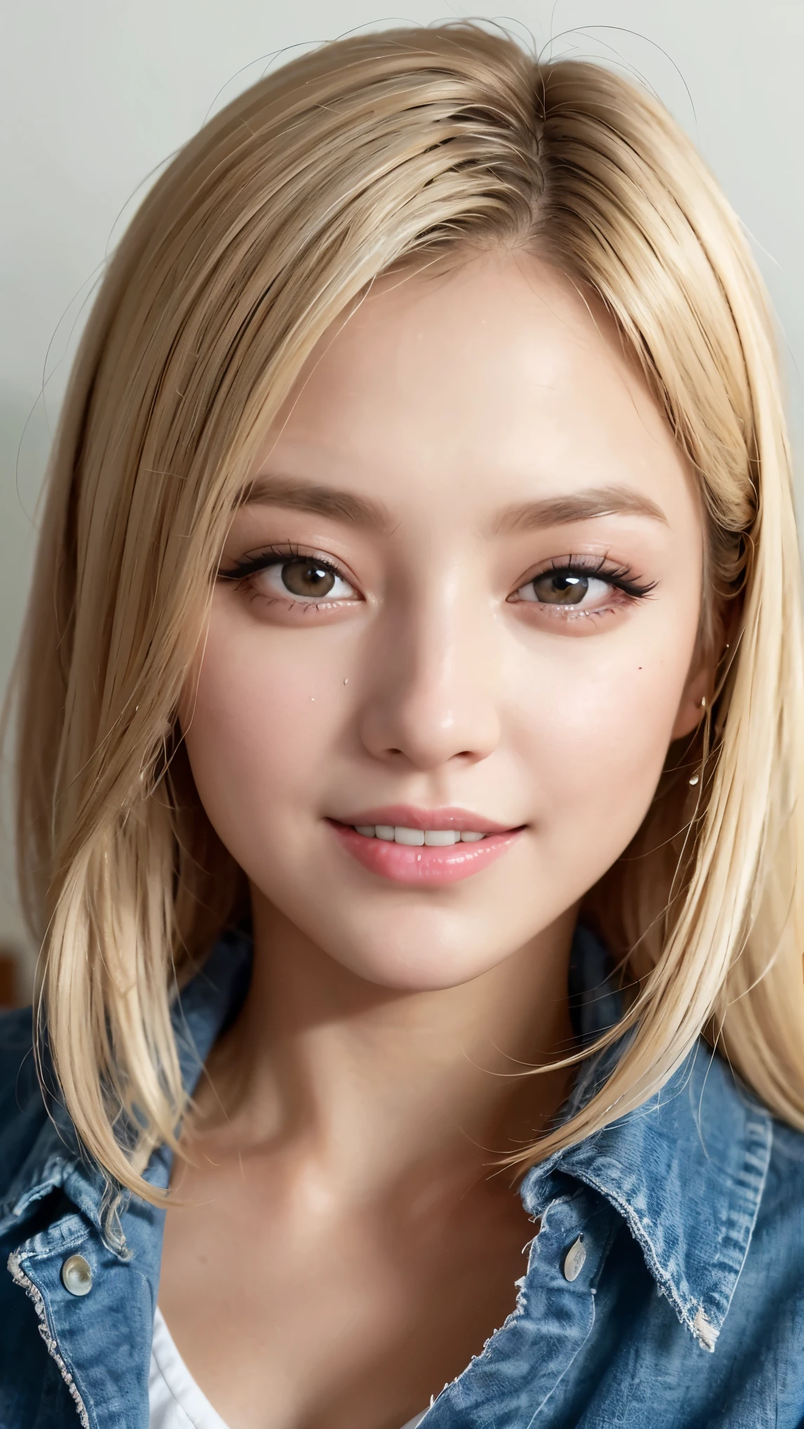Realistic, masterpiece, highest quality, Highest Resolution, Japanese , 16 years old, Upper body photo, She narrowed her eyes.、Looking at me with a shy smile, Laughing with your mouth open, Beautiful and detailed eye drawing, (Droopy eyes:1.3), Iris, Thin eyebrows, Draw eyelashes carefully, Small teeth visible, Gal Makeup,  (Blonde, Medium Hair, middle part:1.3), (Hidden eyelid wrinkles:1.3), He&#39;s wearing a neat white button-up shirt.., She is wearing a short, grey, checked pleated skirt., A was photographed diagonally from below, School classroom