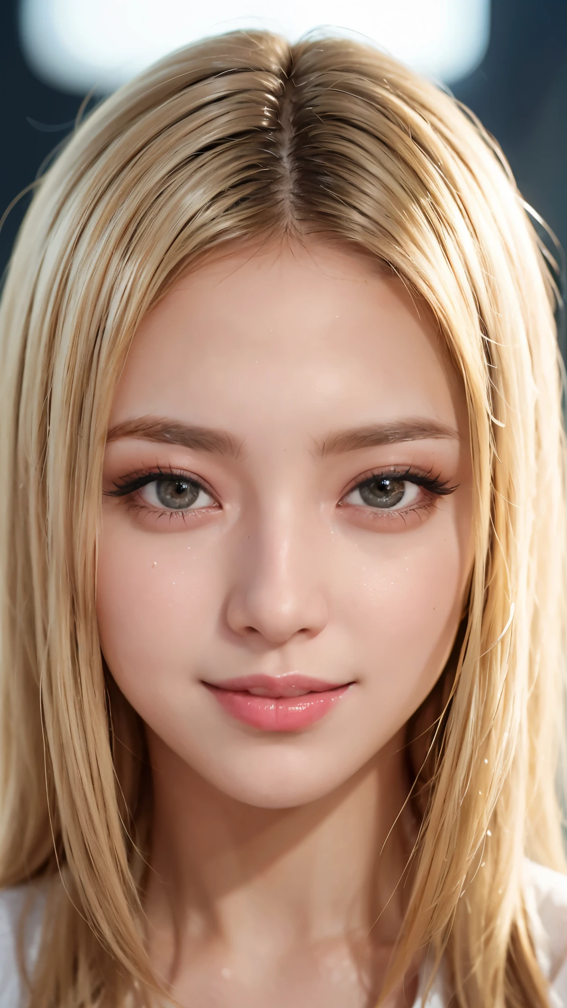 Realistic, masterpiece, highest quality, Highest Resolution, Japanese , , Upper body photo, She narrowed her eyes.、Looking at me with a shy smile, Laughing with your mouth open, Beautiful and detailed eye drawing, (Droopy eyes:1.3), Iris, Thin eyebrows, Draw eyelashes carefully, Small teeth visible, Gal Makeup,  (Blonde, Medium Hair, middle part:1.3), (Hidden eyelid wrinkles:1.3), He&#39;s wearing a neat white button-up shirt.., She is wearing a short, grey, checked pleated skirt., A was photographed diagonally from below, School classroom