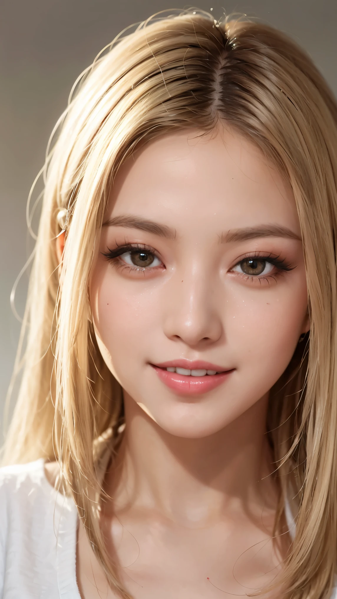 Realistic, masterpiece, highest quality, Highest Resolution, Japanese , , Upper body photo, She narrowed her eyes.、Looking at me with a shy smile, Laughing with your mouth open, Beautiful and detailed eye drawing, (Droopy eyes:1.3), Iris, Thin eyebrows, Draw eyelashes carefully, Small teeth visible, Gal Makeup, (Blonde, Medium Hair, middle part:1.3), (Hidden eyelid wrinkles:1.3), He's wearing a neat white button-up shirt.., She is wearing a short, grey, checked pleated skirt., A was photographed diagonally from below, School classroom,(head shot:1.5)