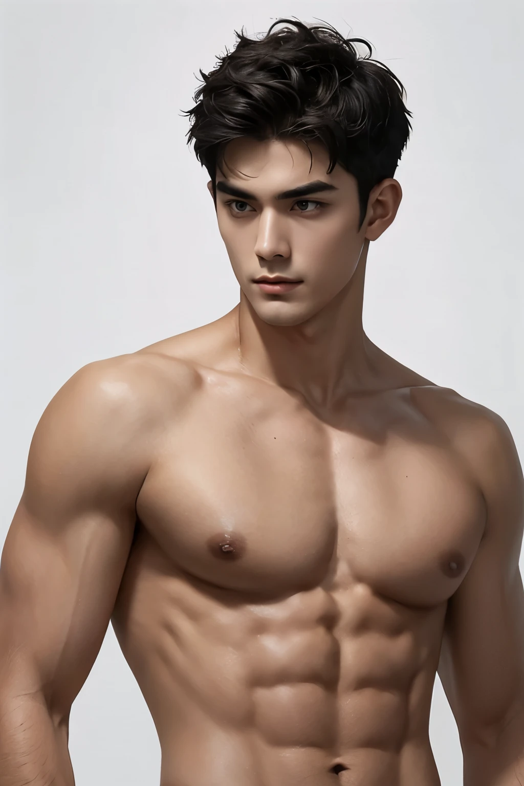 short detailed hair,Naked upper body,musculature,Black hair,serius face,Handsome boys,