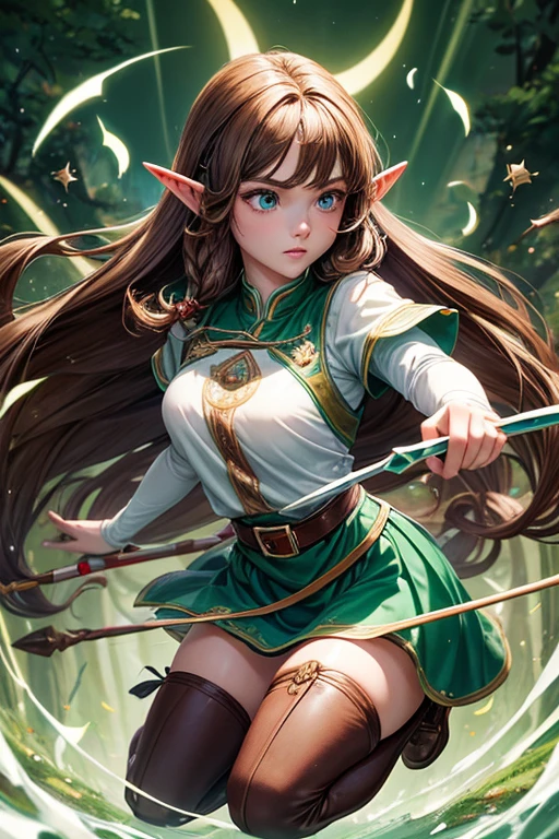 30 year old elf woman with long brown hair, peinado desorenado largo con un fleco, pointed elf ears medieval archer clothing blue green eyes holding a brown bow with a jade-tipped arrow brown shoes brown leather belt jade ornaments in forest background with magical symbols