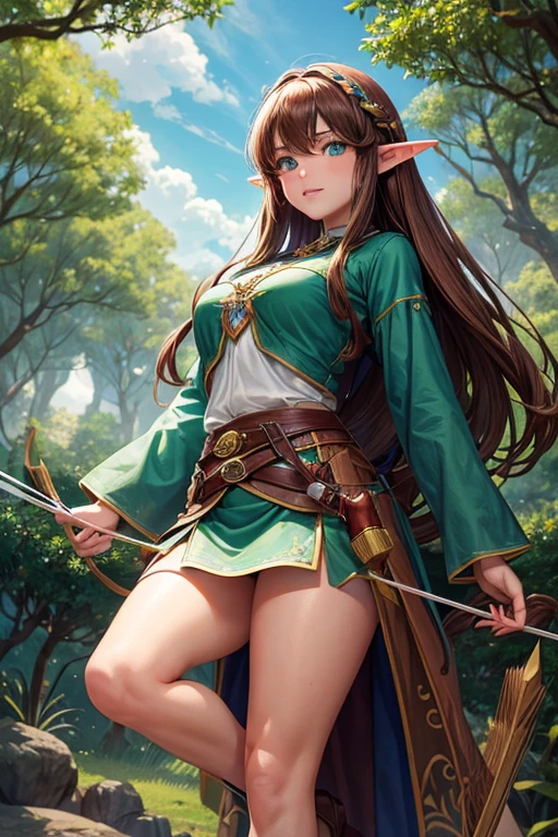 30 year old elf woman with long brown hair, peinado desorenado largo con un fleco, pointed elf ears medieval archer clothing blue green eyes holding a brown bow with a jade-tipped arrow brown shoes brown leather belt jade ornaments in forest background with magical symbols