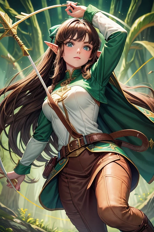 30 year old elf woman with long brown hair, peinado desorenado largo con un fleco, pointed elf ears medieval archer clothing blue green eyes holding a brown bow with a jade-tipped arrow brown shoes brown leather belt jade ornaments in forest background with magical symbols