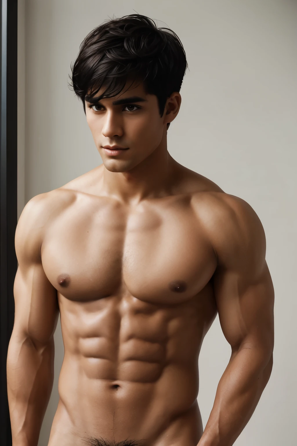 short detailed hair,Naked upper body,musculature,Black hair,serius face,Handsome boys,
