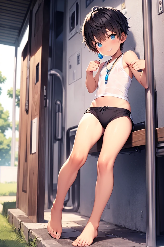 (:1.5), (Loose white vest:1.3), blue bikini bottoms)), ((thumbs up)), (((best quality))), (((masterpiece))), ((Super detailed)), (Skinny:1.3),, Wind Blow, (Blue Hair), blue eyes, ((Raise your arms)), ((Smile)), open mouth, ((earrings)), Blue sky, Grass, (Necklace on the neck), full-body shot, , sweaty skin, Wet clothes,quilt，Scotch tape，Barefoot，Feet turned to stone，Petrochemical