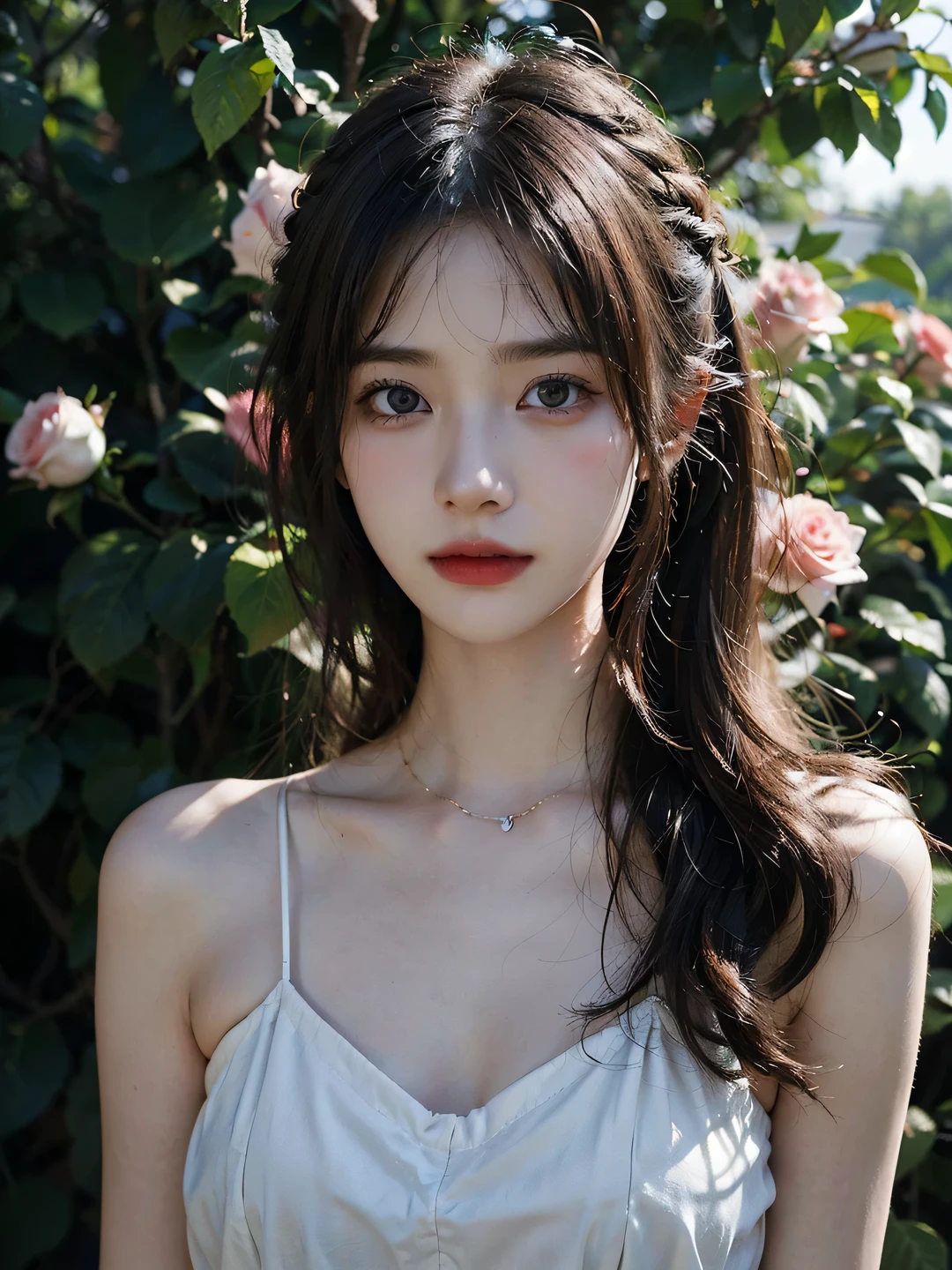 1girl, (looking at viewer:1.2), detail face, (a girl standing, rending on cgsociety, Rose bush backdrop), romanticism, atmospheric, (RAW photo, best quality), (realistic, photo-realistic:1.3), masterpiece, an extremely delicate and beautiful, extremely detailed, D cup，Cleavage，Translucent brown tube top 1.5）Hair in a bun，Small and delicate earrings，Exquisite eye details，Shy smile 1.5