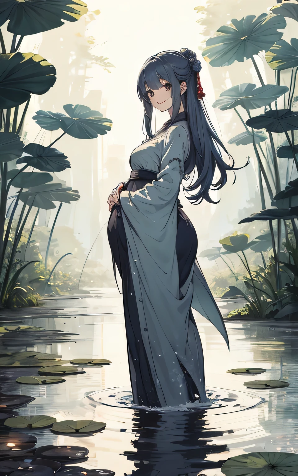 ((8k、​masterpiece、beste-Qualit))、shuimobysim、traditional Chinese ink painting、lotuses、Hanfu、Maxi skirt、One girl dressing up modestly、solo、long blue hair、a smile、is standing、Feet in the water、bare-legged、pregnant