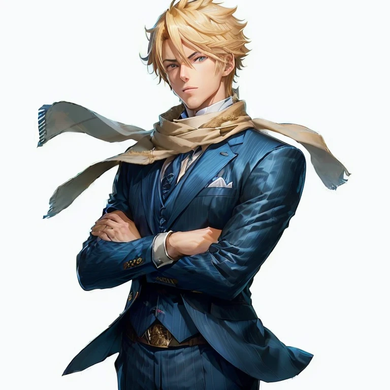 anime character dressed in blue suit and scarf with arms crossed, handsome anime pose, official character art, anime handsome man, tall anime guy with blue eyes, sanji, human male character art, dio brando, handsome guy in demon slayer art, portrait of magical blond prince, ezreal (league of legends, official character illustration, ryuta ueda artwork