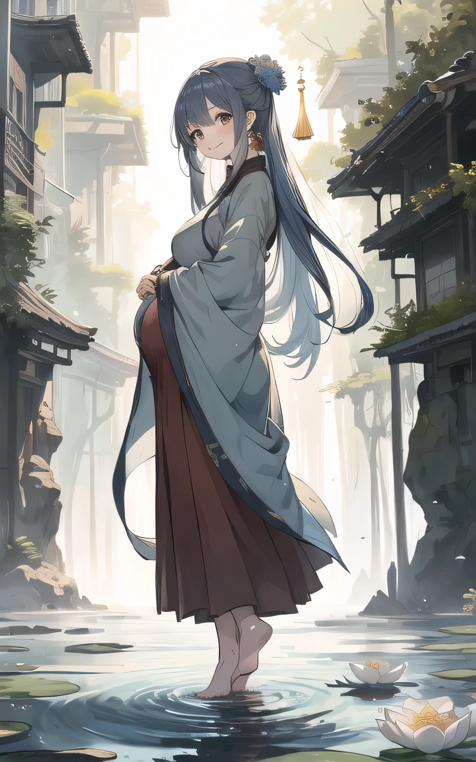 ((8k、masterpiece、beste-Qualit))、shuimobysim、traditional Chinese ink painting、lotuses、Hanfu、Maxi skirt、One girl dressing up modestly、solo、long blue hair、a smile、is standing、Feet in the water、bare-legged、pregnant