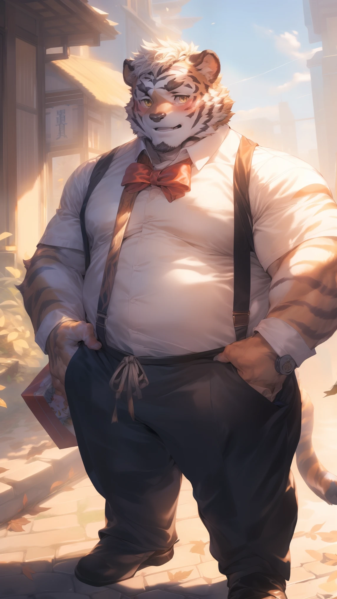 (through empty ghost, From thebigslick, through dark gems, Will chase), Keyuan Tower (Onmyoji Daisenji Temple), High quality photos, Perfect anatomical structure, Anthropomorphic white tiger, Men, 26 years old, thick eyebrows, (short hair:1.5), Light brown stripes, tall, White shirt, Red bow tie, Blue suspenders, Small bump, Holding a gift box, Standing on the street, The leaves fell on his shoulders，Shy expression, blush, Golden pupils, Looking at the audience, Clear facial features, strong, Solitary, solo, Front view, Full body image, On the streets of the city，Roadside bench, Correct gestures