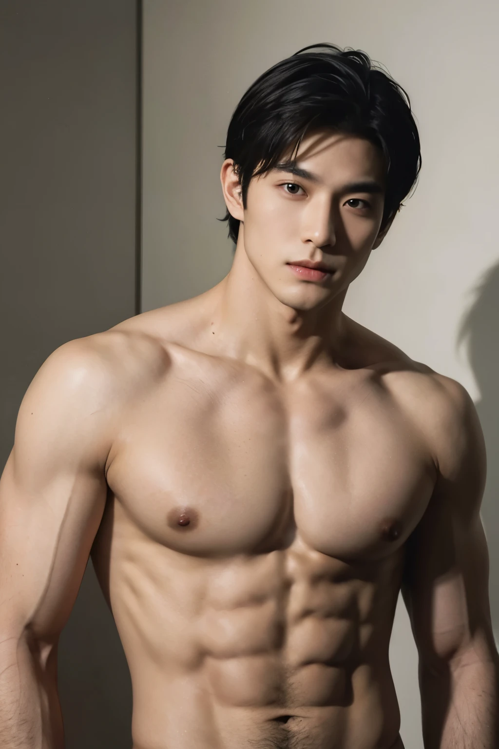 short detailed hair,Naked upper body,musculature,Black hair,serius face,Handsome boys,