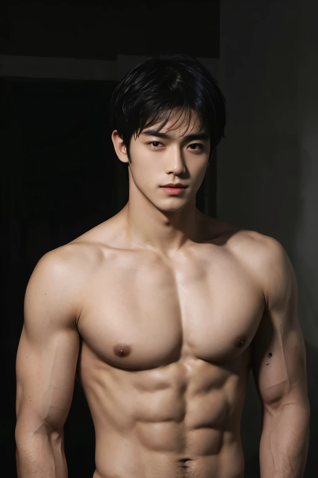 short detailed hair，Naked upper body，musculature，Black hair，serius face，Handsome boys，
