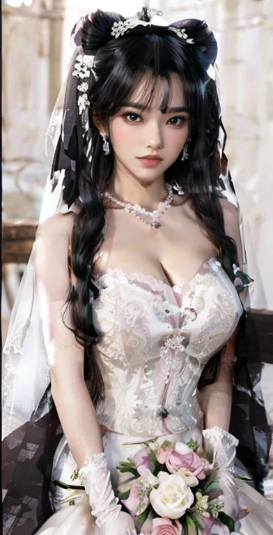 一位身着漂亮Wedding dress的美丽新娘的特写, Gurwitz,(Pillory:1.5), (flail:1.2), flail on the head, flail on the hands,whole body照片, whole body, (Wedding dress: 1.5), (Transparent short veil: 1.5), Blushed, Flower head, Headdress, Very exquisite princess wedding dress,(筒形Wedding dress: 1.5), (Silk dress: 1.2 ), (无肩带Wedding dress: 1.5), (And floor-length skirt:1.2), Pure white dress,White long skirt, necklace, earrings, (Huge breasts: 1.3), (Mature female , Large Breasts,Breast sagging、Cleavage close-up,cleveage, Clive Arch、Thick thighs, Wide hips, Curvy beauty, Perfect body,)深V领Wedding dress, Bangs, Lipstick, (Lace gloves: 1.3), High detail RAW color art,