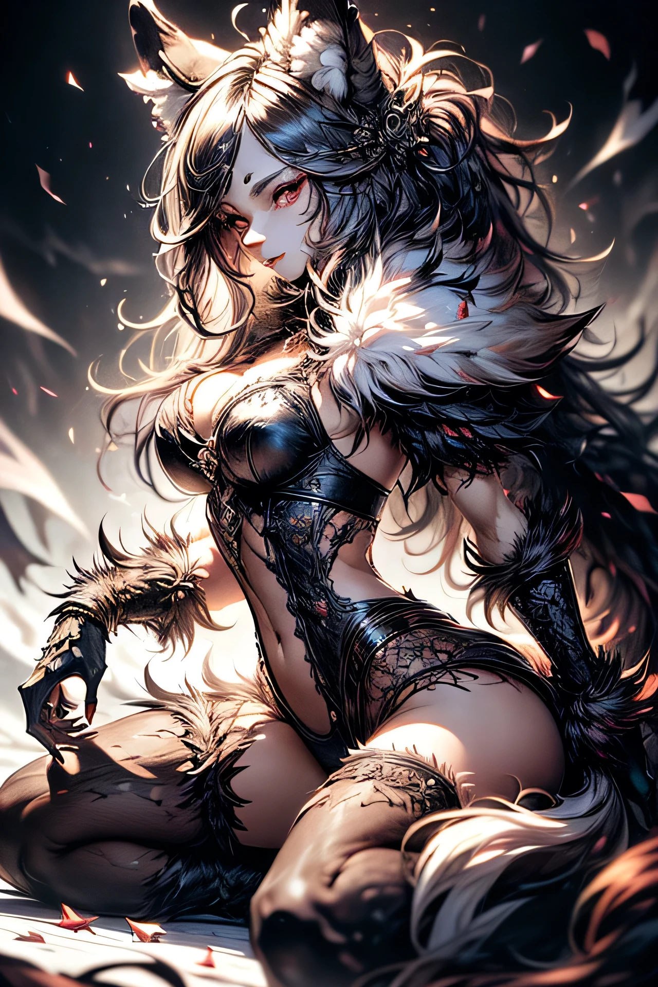 [best quality, shaded, extreme detail, highly detailed, ultra detailed, intricate, realistic, perfect anatomy, full view], wolf woman, fluffy fur and hair, colorful fur, fluffy tail, fur glove, fur vest, navel, gothic style, fur tights, fur shoes,