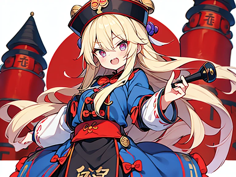 Kiniro mosaic style,1 girl,Russian beautiful girl wearing ((Jiangshi costume and hat)),long blonde hair,Chinese monster,taoist vampire,double teeth,