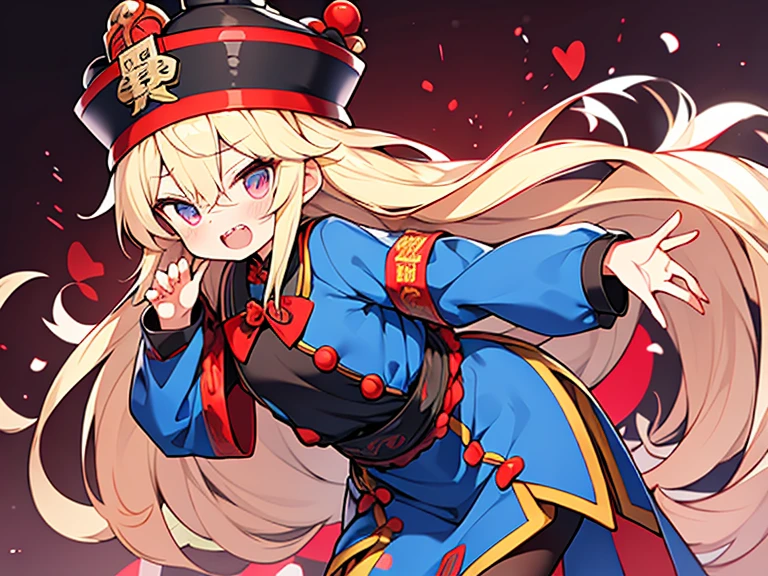 Kiniro mosaic style,1 girl,Russian beautiful girl wearing ((Jiangshi costume and hat)),long blonde hair,Chinese monster,taoist vampire,double teeth,