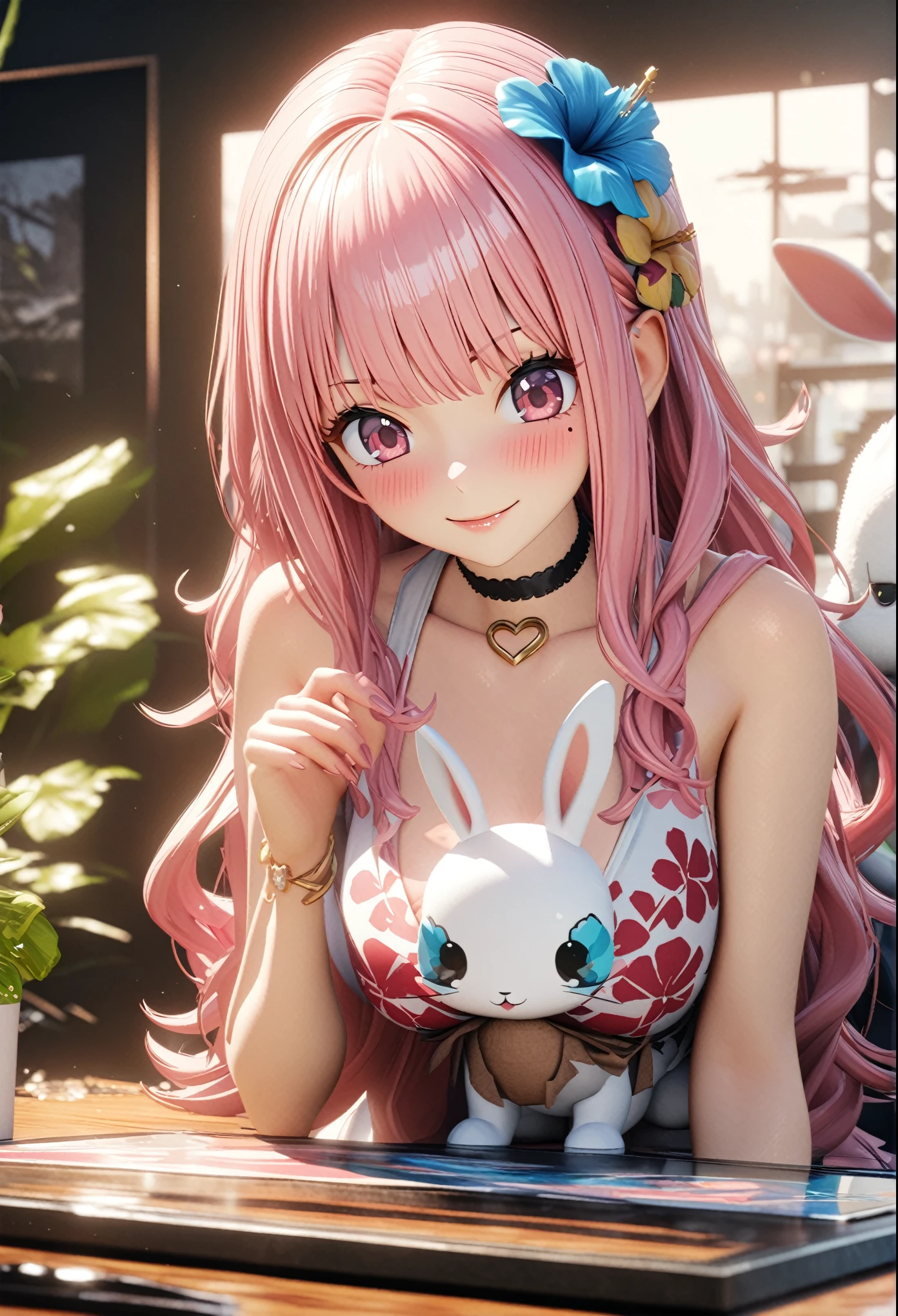 masterpiece, highest quality, Very detailed, High resolution, An expensive solution, High resolution, 4K, 8k, unity 8k wallpaper, Very detailed CG, masterpiece,  2D, 3D, Beautiful details, depth, Fine texture, highest quality: 1.3, Total concentration, Crisp skin, he, Very cute anime rabbit, A cute rabbit like an idol, expensive pink long hair, One Girl, Aloha One Piece, morning, morning食, hibiscus hair accessory, Smiling long pink hair, whole body, Mole under the eye, Line Sight, expensive, blush, Lips parted, heart, Pink Eyes, choker