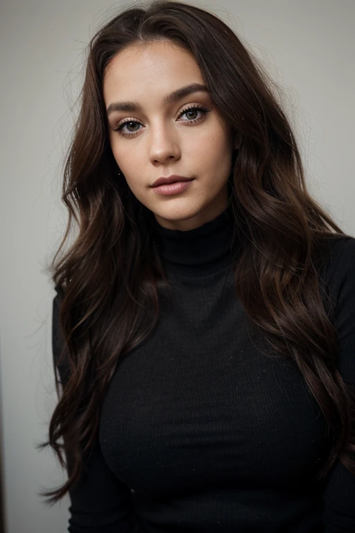 femme de 29 ans, long brown slightly curly hair, yeux bleus, visage parfait, professional makeup like model, C et portant un haut noir