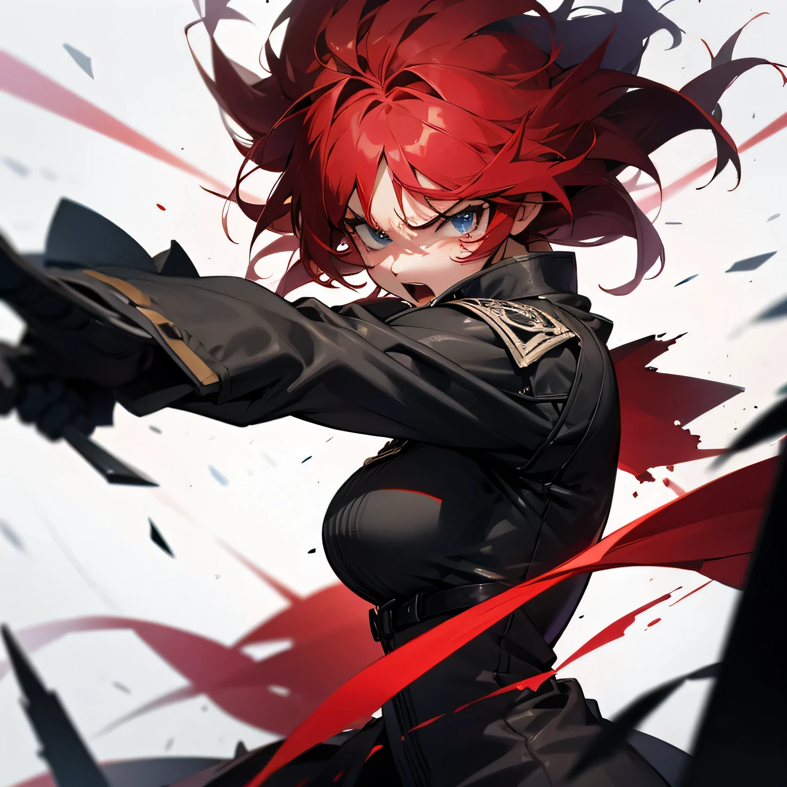 Woman with blood red hair, hypdertailed, white clothing with black details, eyes with orange stars, (Big Breasts 1.5, Broad Hips) black gloves, black shoe, black eye patch, black pants , high collar