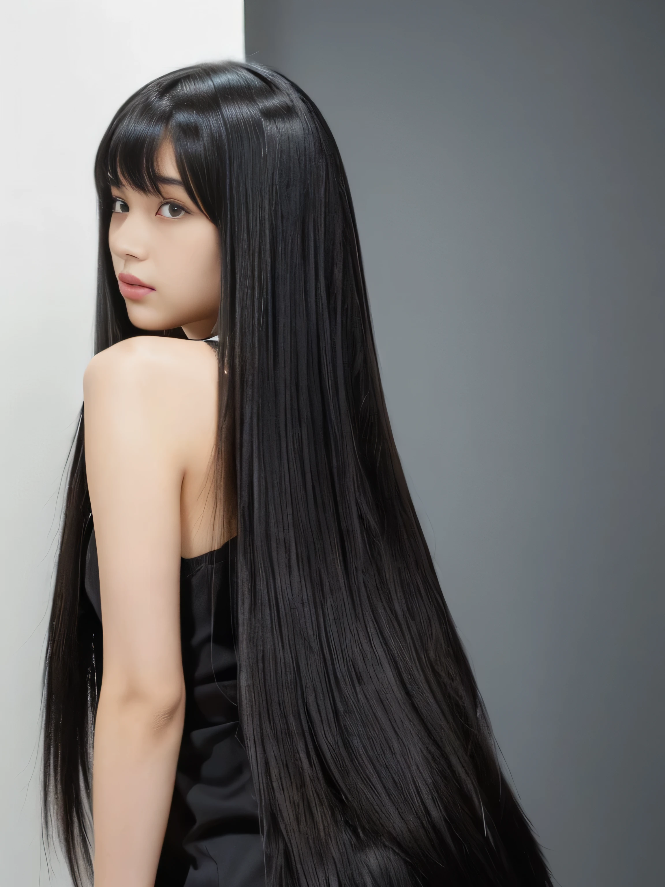 ((Random poses showing as much back and hair as possible:1.5))　((Beautiful 12-year-old junior high school girl with long black hair, girl with super length Hair, extremely length Hair, extra length Hair, very long, Flowing Hair, very length Hair, length Hair girl, very long, Flowing black hair, length Hair windy, Very long black hair, length, Flowing Hair, length and curly hair, with length Hair, length Hair!!!!　Stand in front of a mirror　Her highest quality hair is long and straight., very long, highest quality black hair, length hair in the center, Highest quality long straight hair, length, straight, beautiful, High quality hair, length and free black highest quality straight hair, length Hair, length and straight, highest quality black hair, Perfect silky straight hair of the highest quality, straight, highest quality black hair, length black straight hair, length, Thin black hair　Her hair is long and straight, very long black hair, length hair in the center, length straight hair, length, straight, beautiful hair of the highest quality, length Hair, length, straight black hair, length and free straight black hair, straight black hair))　(Her bangs are perfect.:1.3)　(Pure white wall background:1.8. Photo of upper body from waist up)　(Japan&#39;The cutest 12 year old hair model)　　((highest quality)), ((masterpiece)), (Familiar)　(Get used to it)　Perfect Face　　(Her skin is a typical Japanese skin color.、And very detailed)　　(Big Breasts)　(She is wearing a light blue skirt and a white blouse...)　(She has a beautiful face and a slim figure..., Narrow eyes)　(She has perfect beautiful makeup and face　Lipstick is light red　A solid eyeliner)　((Rich 1.4))　(Extremely detailed 8K)　(Ultra-fine skin texture 1.4)　(Actual, Vibrant:1.4), double eyelid　Sharp focus:1.2、Beautiful woman:1.4　Dynamic Lighting　(Genuine RAW photos taken by professional photographers)　(Her long bangs、Well Organized)　(Turn your whole body to the viewer)　Professionally lit from the front　(She has a bright and cheerful face)　(Above the knee shot:1.5)