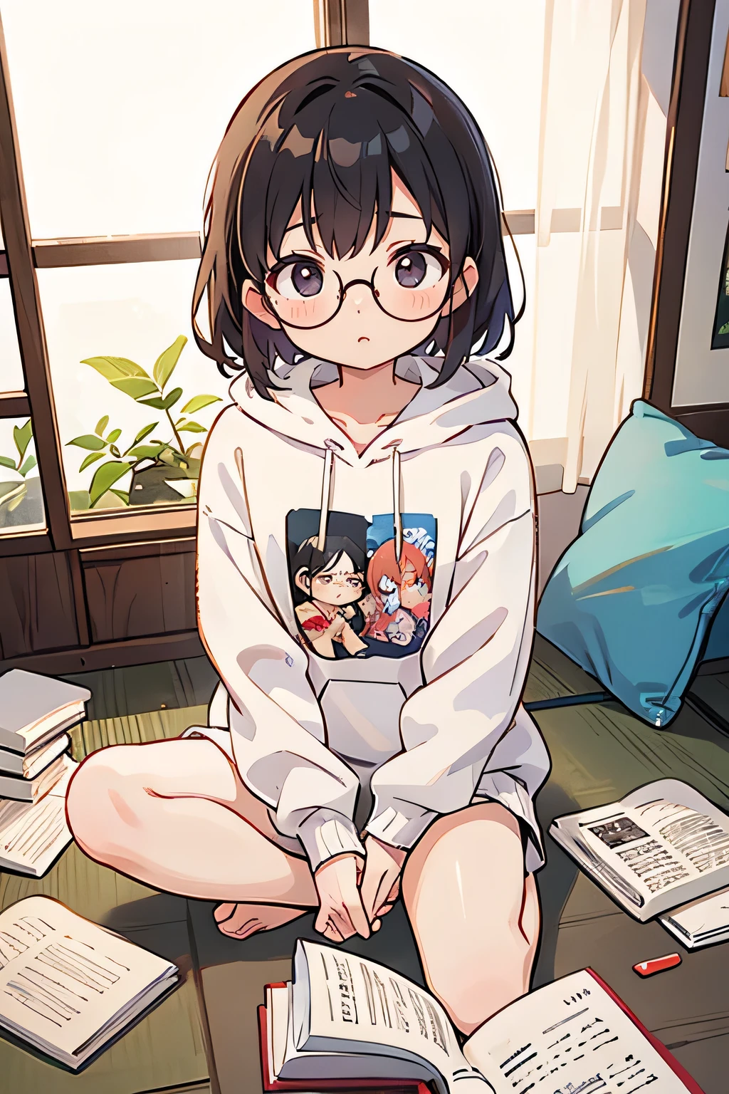 There is a woman sitting cross-legged on the floor.., Wearing glasses, Wearing glasses on, Japanese Model, Wearing glassesいた, a Surreal , Wearing square glasses, Without glasses, A real young gravure idol, Geeky look, Wearing glassesいる, Young Sensual Gravure Idol, Surreal , Yoshitomo Nara, White hoodie, Reading comics,