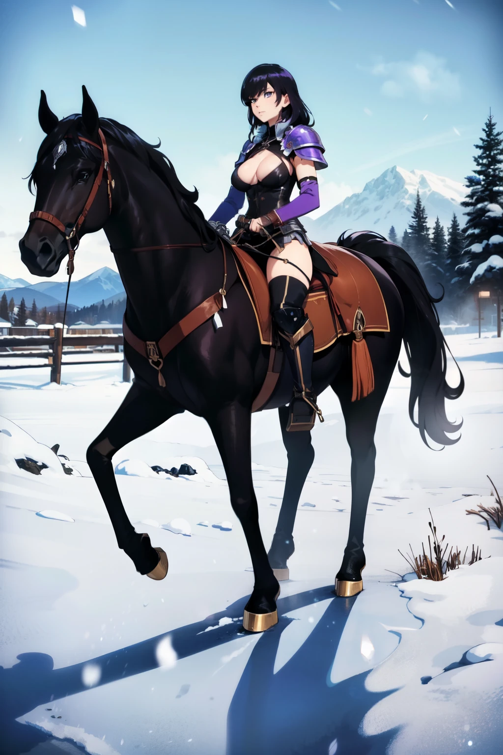 ((best quality)), ((anime masterpiece)), (detailed), cinematic lighting, vivid color, 8k, perfect face, large breast, a female knight riding a walking black horse on snowfield, (medium hair, {black hair}, purple armor, black miniskirt, black leather boots), (black horse, saddle, stirups, reins: 1.5)++, snowstorm+, scenery, from side: 1.5, anatomically correct,