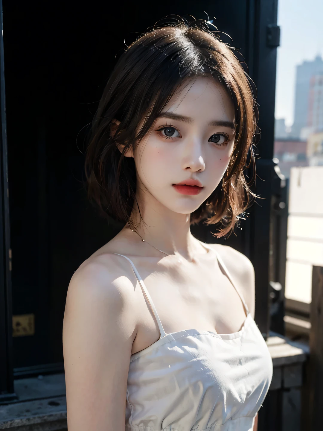((Best Quality, 8K, Masterpiece: 1.3)), (Flower Cap: 1.3), Focus: 1.2, Perfect Body Beauty, (Layered Haircut: 1.2)), (Dark Street: 1.3), Highly Detailed Face and Skin Texture, Delicate Eyes, Double Eyelids, Whitened Skin, Long Hair, big breasts, close up