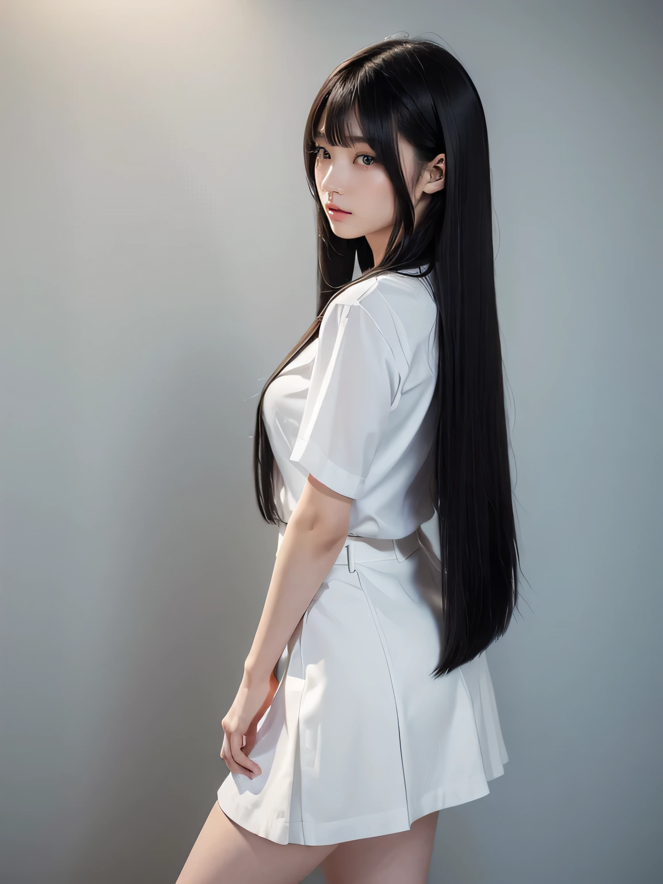 ((Random poses showing as much back and hair as possible:1.3))　((Beautiful 12 year old hair model with long black hair, girl with super length Hair, extremely length Hair, extra length Hair, very long, Flowing Hair, very length Hair, length Hair girl, very long, Flowing black hair, length Hair windy, Very long black hair, length, Flowing Hair, length and curly hair, with length Hair, length Hair!!!!　Stand in front of a mirror　Her highest quality hair is long and straight., very long, highest quality black hair, length hair in the center, Highest quality long straight hair, length, straight, beautiful, High quality hair, length and free black highest quality straight hair, length Hair, length and straight, highest quality black hair, Perfect silky straight hair of the highest quality, straight, highest quality black hair, length black straight hair, length, Thin black hair　Her hair is long and straight, very long black hair, length hair in the center, length straight hair, length, straight, beautiful hair of the highest quality, length Hair, length, straight black hair, length and free straight black hair, straight black hair))　(Her bangs are perfect.:1.3)　(Pure white wall background:1.8. Above the knee photo)　(A cute 12-year-old junior high school girl with the most beautiful hair in Japan)　((highest quality)), ((masterpiece)), (Familiar)　(Get used to it)　Perfect Face　　(Her skin is a typical Japanese skin color..、And very detailed)　　(Big Breasts)　(She is wearing a light blue skirt and a white blouse...)　(She has a beautiful face and a slim figure..., Narrow eyes)　(She has baby face makeup and face　Lipstick is light red　A solid eyeliner)　((Rich 1.4))　(Extremely detailed 8K)　(Ultra-fine skin texture 1.4)　(Actual, Vibrant:1.4), double eyelid　Sharp focus:1.2、Beautiful woman:1.4　Dynamic Lighting　(Genuine RAW photos taken by professional photographers)　(Her long bangs、Well Organized)　(Turn your whole body to the viewer)　Professionally lit from the front　(She has a bright and cheerful face)　(She is wearing a white pleated skirt and a white blouse.)


