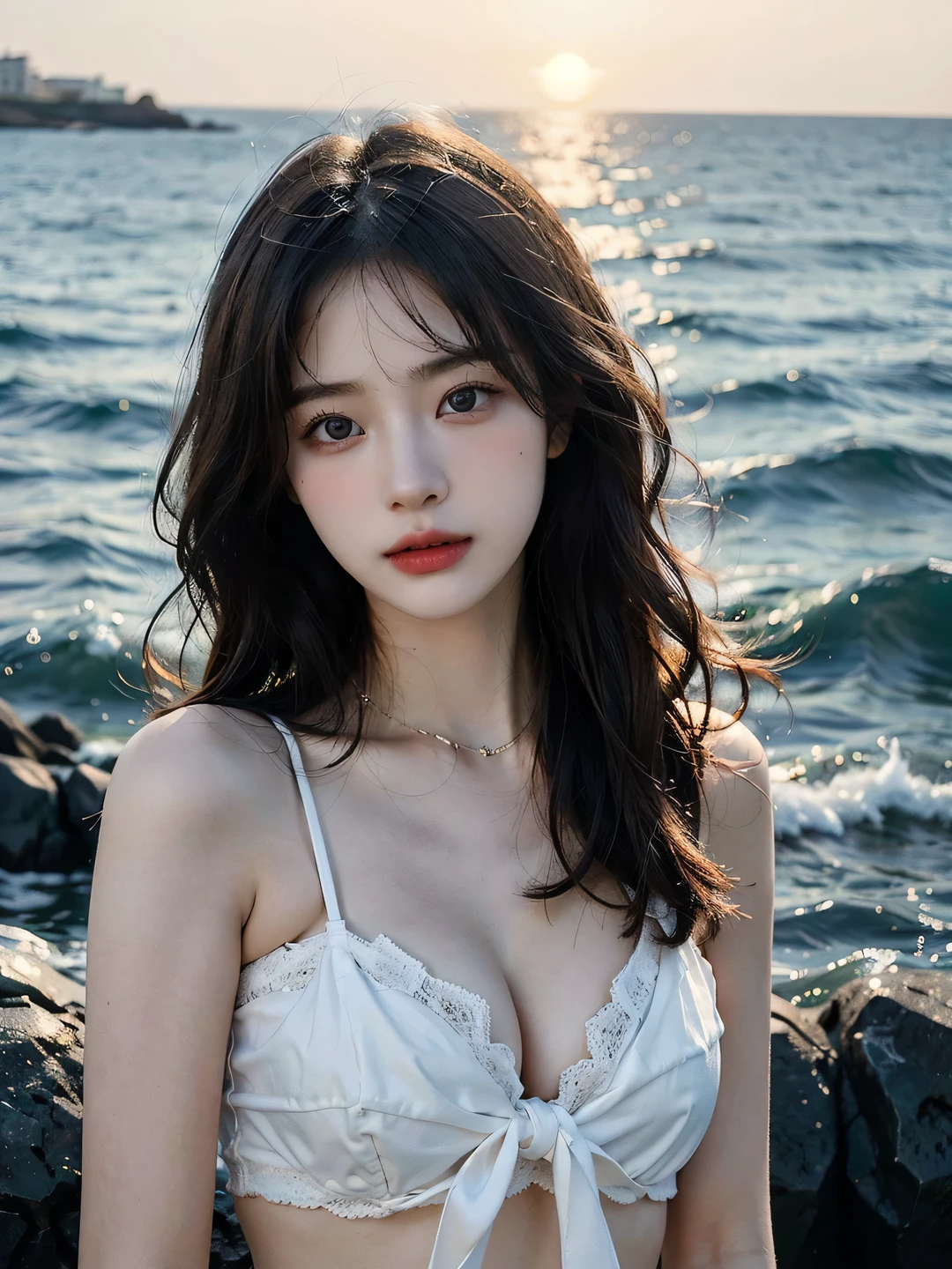 1girl, (looking at viewer:1.2), detail face, (a girl standing, rending on , sun falling and sea backdrop,(D cup,Cleavage,White translucent bandeau,), romanticism, atmospheric, (RAW photo, best quality), (realistic, photo-realistic:1.3), masterpiece, an extremely delicate and beautiful, extremely detailed,