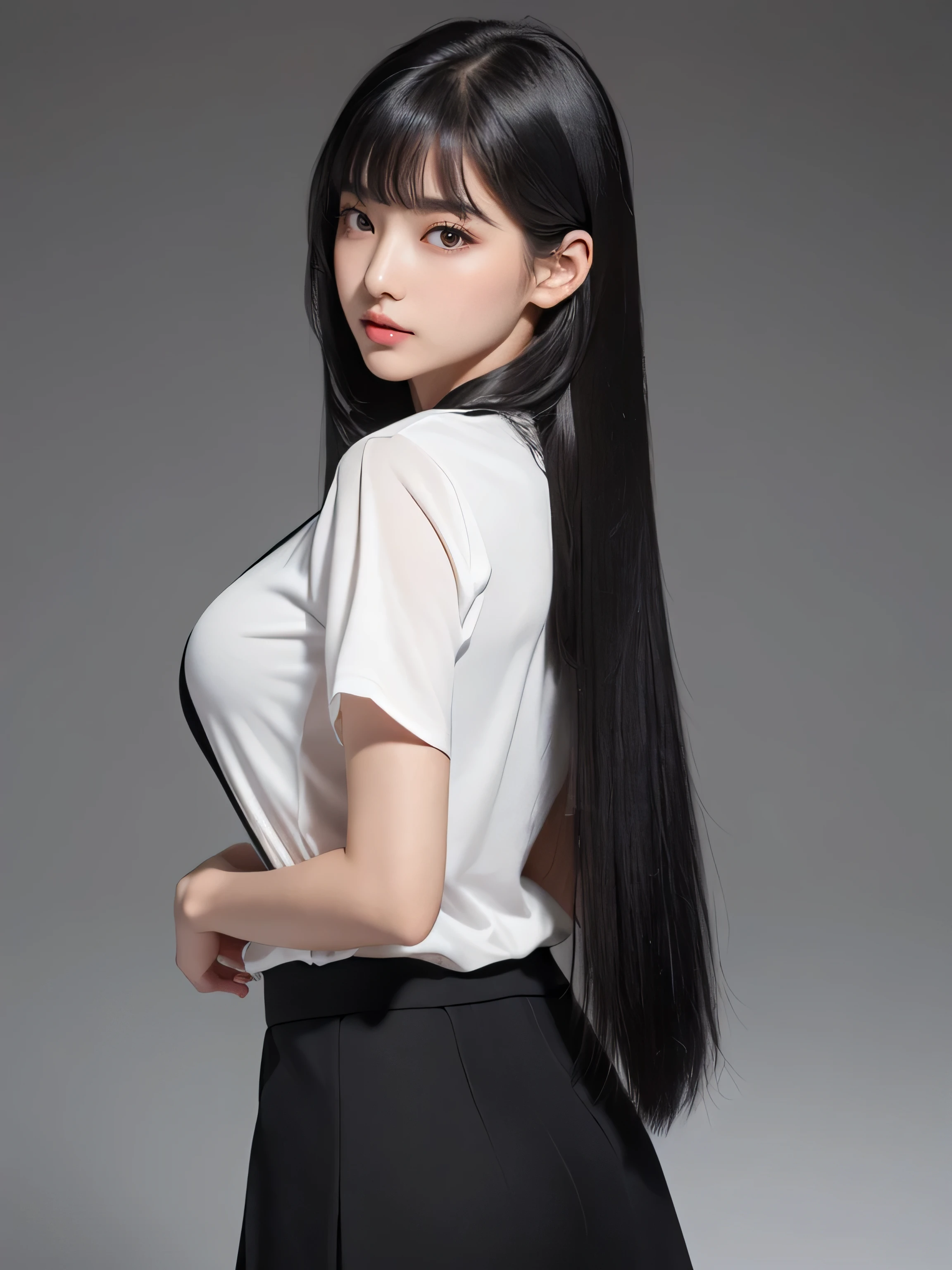 ((Random poses showing as much back and hair as possible:1.3))　((Beautiful 12 year old hair model with long black hair, girl with super length Hair, extremely length Hair, extra length Hair, very long, Flowing Hair, very length Hair, length Hair girl, very long, Flowing black hair, length Hair windy, Very long black hair, length, Flowing Hair, length and curly hair, with length Hair, length Hair!!!!　Stand in front of a mirror　Her highest quality hair is long and straight., very long, highest quality black hair, length hair in the center, Highest quality long straight hair, length, straight, beautiful, High quality hair, length and free black highest quality straight hair, length Hair, length and straight, highest quality black hair, Perfect silky straight hair of the highest quality, straight, highest quality black hair, length black straight hair, length, Thin black hair　Her hair is long and straight, very long black hair, length hair in the center, length straight hair, length, straight, beautiful hair of the highest quality, length Hair, length, straight black hair, length and free straight black hair, straight black hair))　(Her bangs are perfect.:1.3)　(Pure white wall background:1.8. Above the knee photo)　(A cute 12-year-old junior high school girl with the most beautiful hair in Japan)　(She looks at the viewer with a very seductive expression...)　((highest quality)), ((masterpiece)), (Familiar)　(Get used to it)　Perfect Face　　(Her skin is a typical Japanese skin color..、And very detailed)　　(Big Breasts)　(She is wearing a light blue skirt and a white blouse...)　(She has a beautiful face and a slim figure..., Narrow eyes)　(She has baby face makeup and face　Lipstick is light red　A solid eyeliner)　((Rich 1.4))　(Extremely detailed 8K)　(Ultra-fine skin texture 1.4)　(Actual, Vibrant:1.4), double eyelid　Sharp focus:1.2、Beautiful woman:1.4　Dynamic Lighting　(Genuine RAW photos taken by professional photographers)　(Her long bangs、Well Organized)　(Turn your whole body to the viewer)　Professionally lit from the front　(She has a bright and cheerful face)　(She is wearing a white pleated skirt and a white blouse.)

