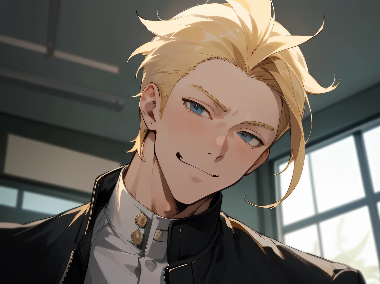 masterpiece,Upper Body,Face close-up,One male,20th Generation,Sharp focus,smirk,Blonde,top hair,Horny,gakuran,Angle from below,Background classroom
