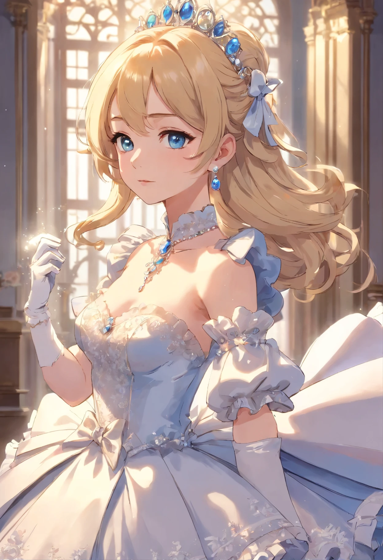 A stunningly beAutiful blonde fAirytAle Princess Greer GrAmmer shining and RoyAl Pomp And RegAl Splendor, weAring A StAtely And (((ElAborAte))) RoyAl CinderellA BAllgown of Silver And White BrocAde, and (((Huge puff sleeves))) A stiffly boned, pAdded And corseted bodice, An hourglAss wAist, A (((Huge petticoat))) And (((busy))), Adorned and ribbons, bow, Rose, lAce, Ruffles, decorate, embroidery, And jewels, elAborAtely curled And styled hAir, long white gloves, peArl And diAmond necklAce And eArrings