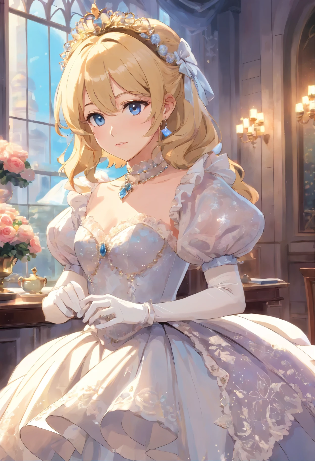 A stunningly beAutiful blonde fAirytAle Princess Greer GrAmmer shining and RoyAl Pomp And RegAl Splendor, weAring A StAtely And (((ElAborAte))) RoyAl CinderellA BAllgown of Silver And White BrocAde, and (((Huge puff sleeves))) A stiffly boned, pAdded And corseted bodice, An hourglAss wAist, A (((Huge petticoat))) And (((busy))), Adorned and ribbons, bow, Rose, lAce, Ruffles, decorate, embroidery, And jewels, elAborAtely curled And styled hAir, long white gloves, peArl And diAmond necklAce And eArrings